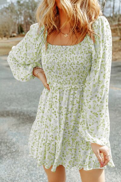 Smocked Floral Square Neck Balloon Sleeve Dress |1mrk.com