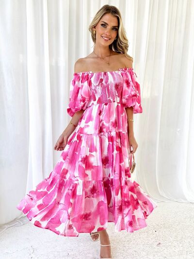 Printed Smocked Off-Shoulder Tiered Dress |1mrk.com