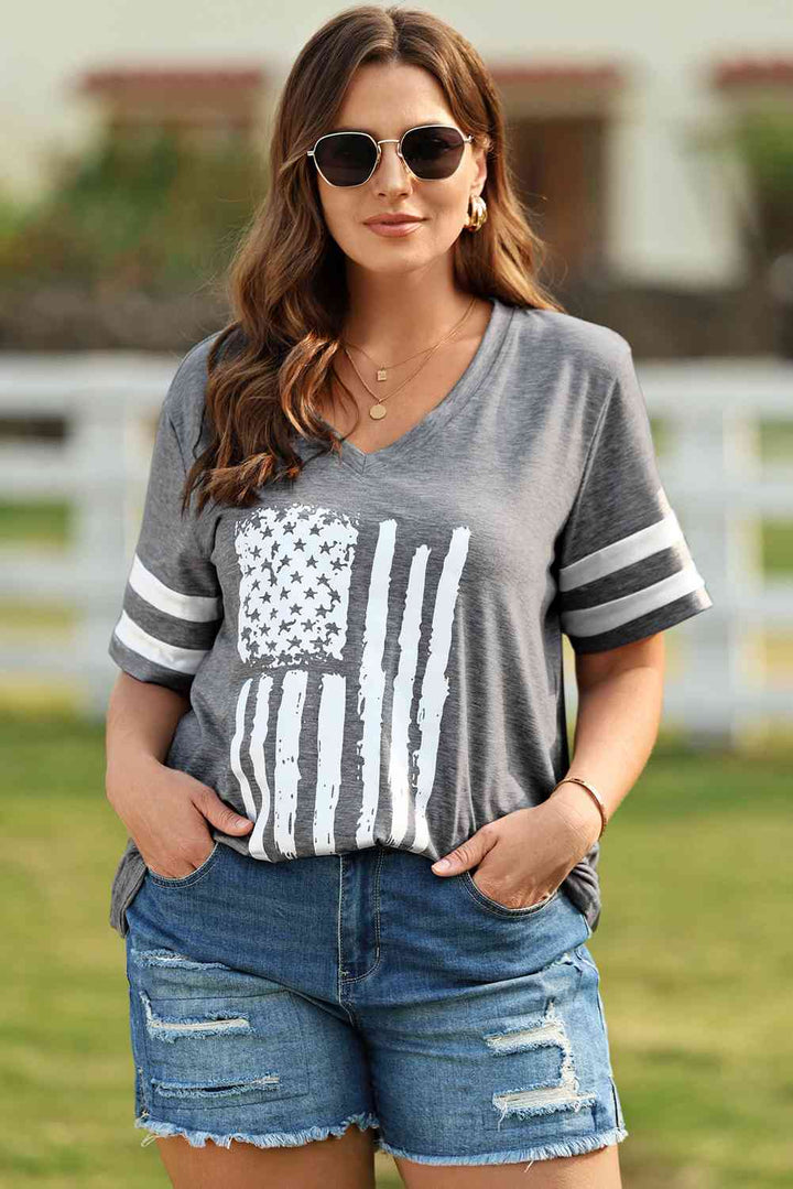 Plus Size US Flag Graphic V-Neck Tee | 1mrk.com