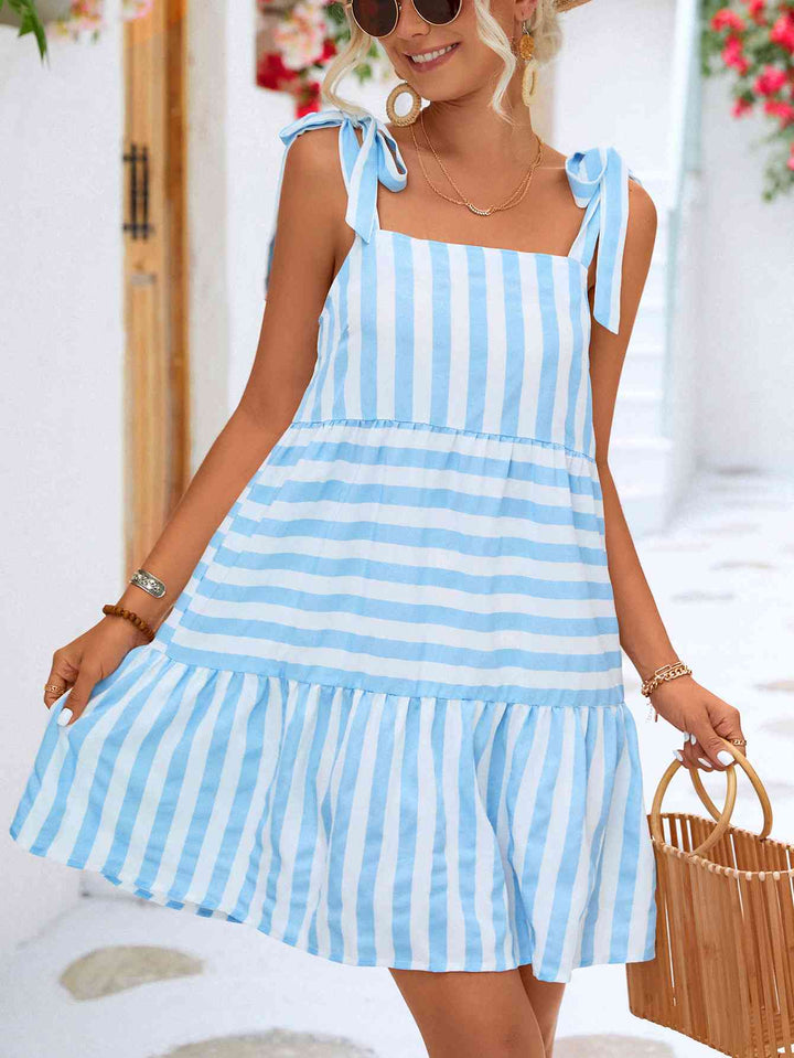 Striped Tie Shoulder Straight Neck Mini Dress | 1mrk.com