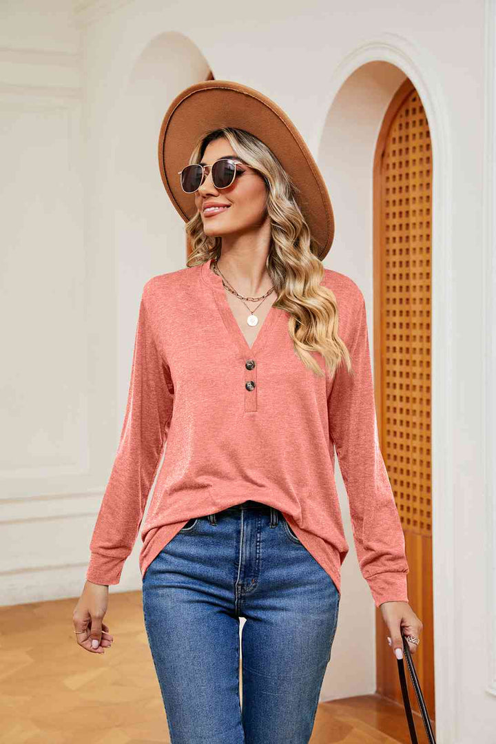 Buttoned Notched Neck Long Sleeve Top | 1mrk.com