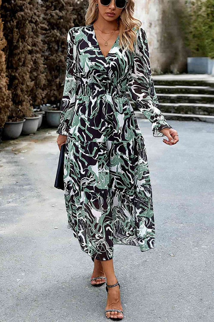 Printed Surplice Neck Flounce Sleeve Midi Dress |1mrk.com