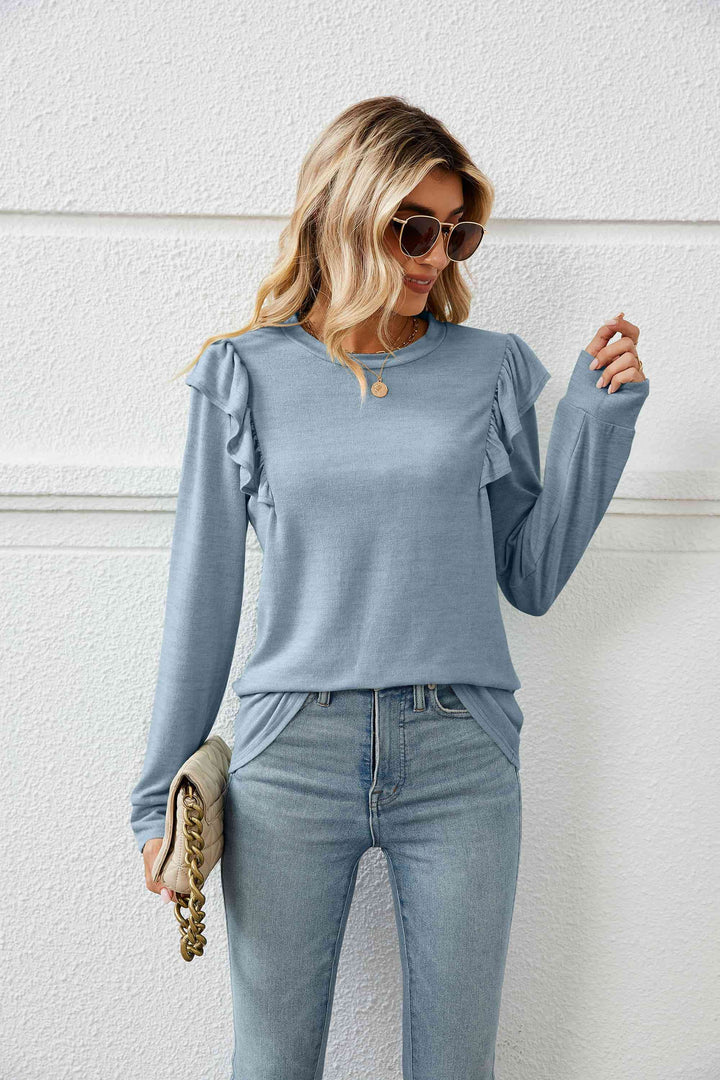 Ruffle Shoulder Long Sleeve T-Shirt | 1mrk.com