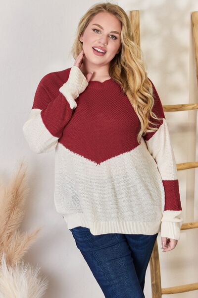 Hailey & Co Full Size Color Block Dropped Shoulder Knit Top |1mrk.com