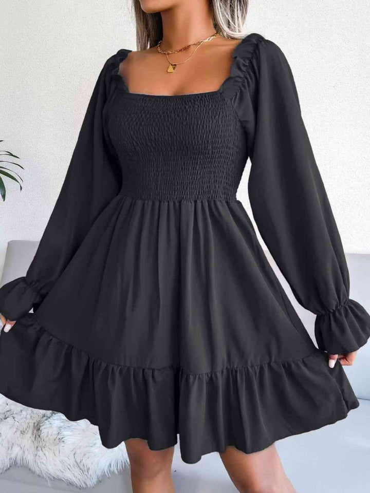 Smocked Flounce Sleeve Square Neck Dress |1mrk.com