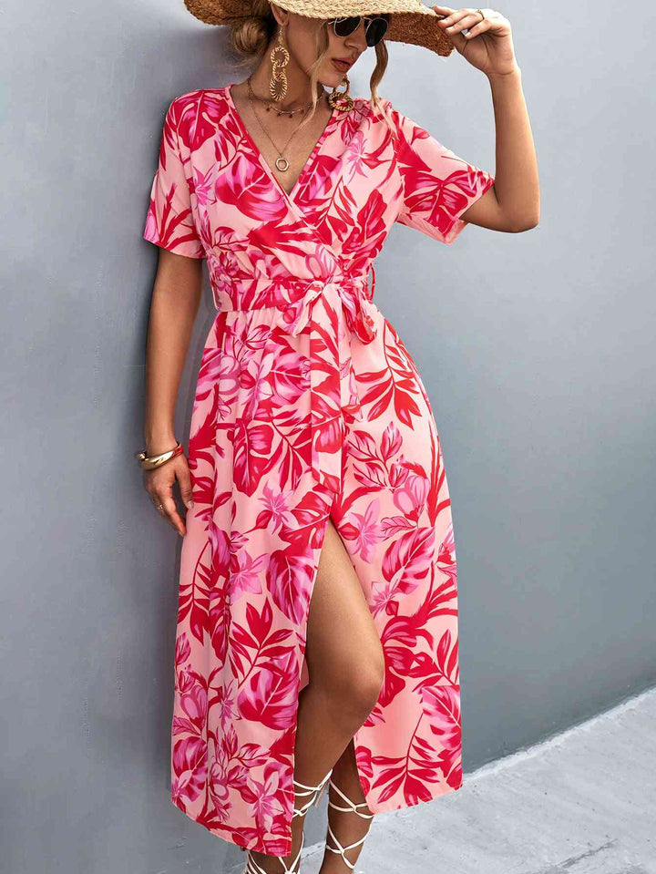 Floral Print High Slit Surplice Neck Tie Waist Midi Dress |1mrk.com