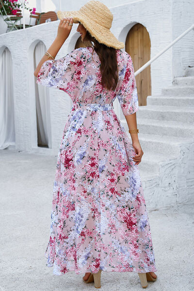 Printed Tied Half Sleeve Slit Dress |1mrk.com