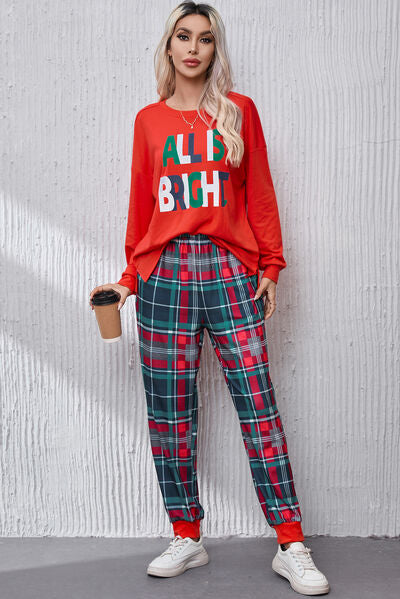 ALL IS BRIGHT Round Neck Top and Plaid Pants Lounge Set | Trendsi