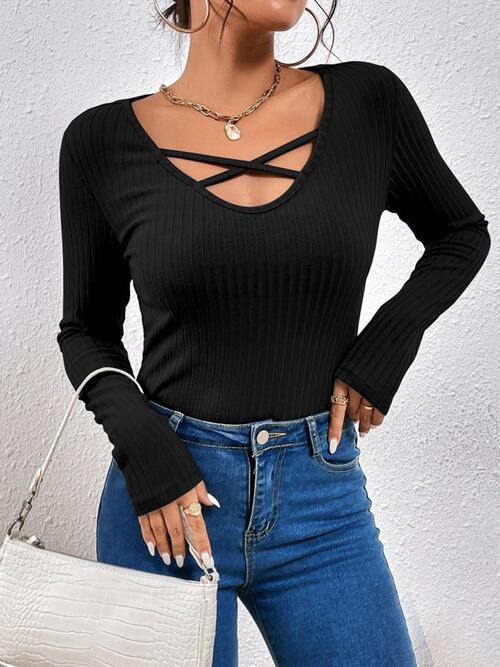 Ribbed Crisscross V-Neck Long Sleeve Knit Top | 1mrk.com