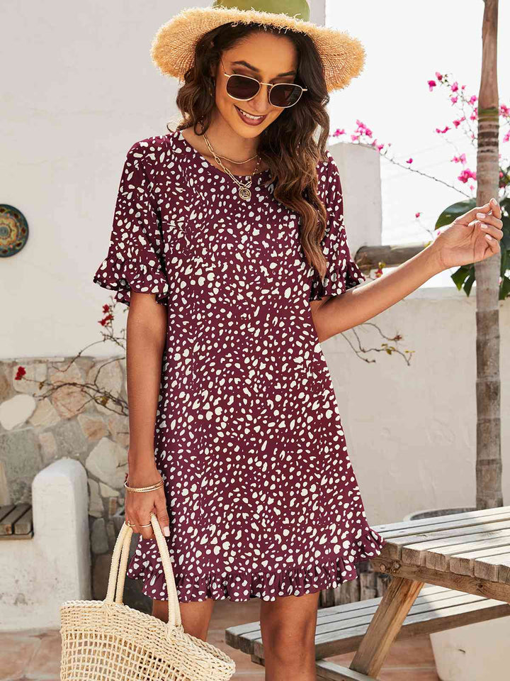 Printed Flounce Sleeve Ruffle Hem Dress |1mrk.com