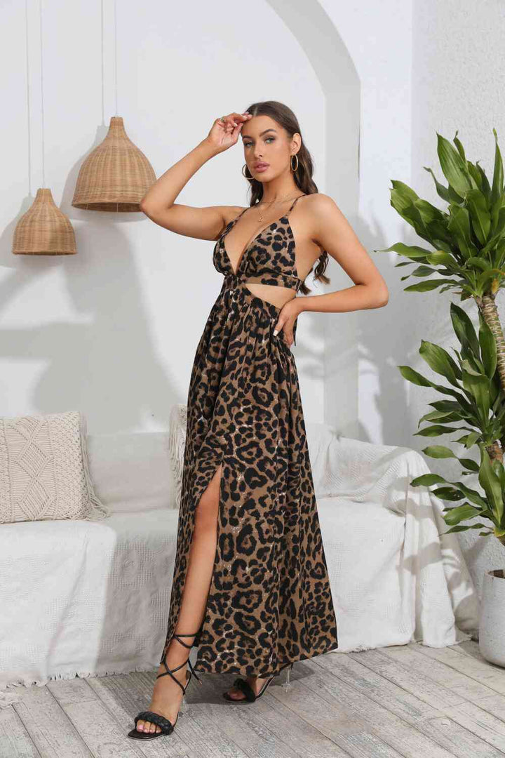 Leopard Deep V Tie Back Split Dress |1mrk.com