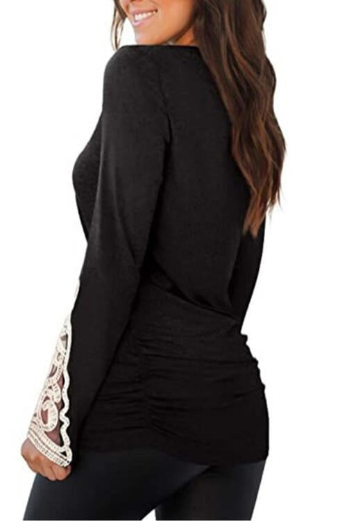 Lace Detail Long Sleeve Round Neck T-Shirt | 1mrk.com