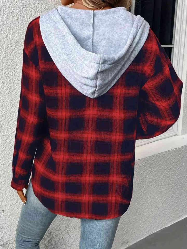 Plaid Drawstring Button Up Hooded Jacket |1mrk.com