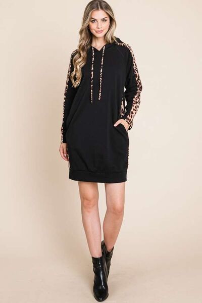 Culture Code Drawstring Leopard Long Sleeve Hooded Dress |1mrk.com