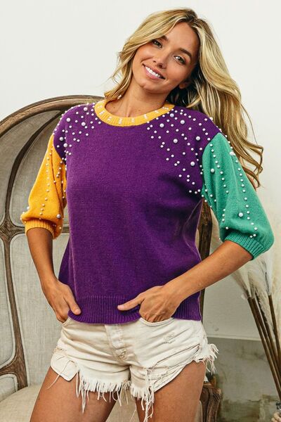 BiBi Color Block Pearl Detail Round Neck Sweater |1mrk.com