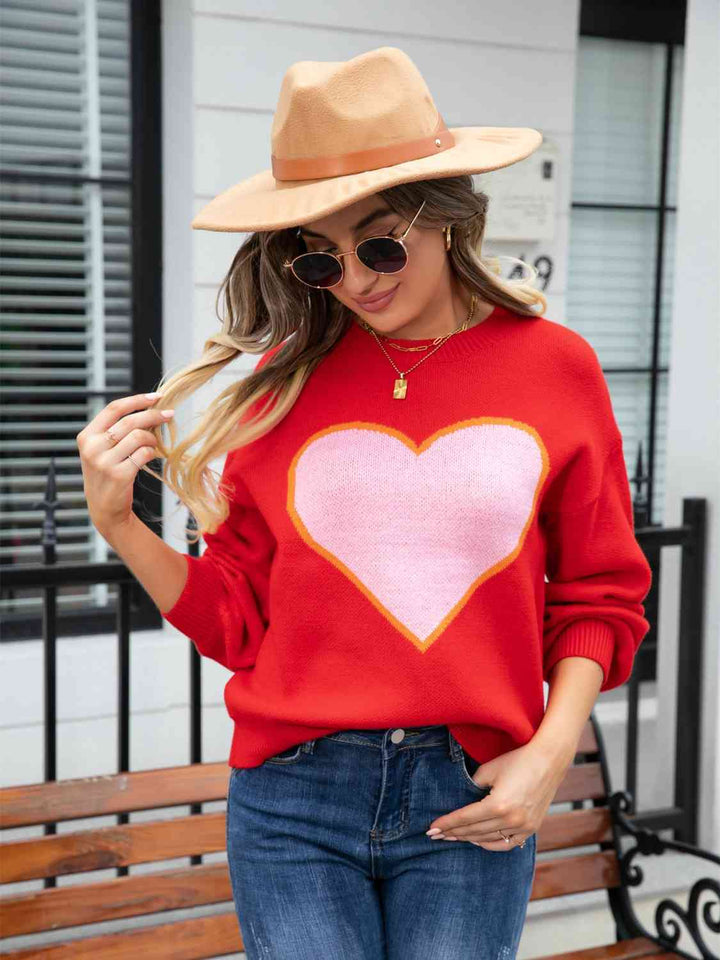 Heart Graphic Round Neck Sweater |1mrk.com