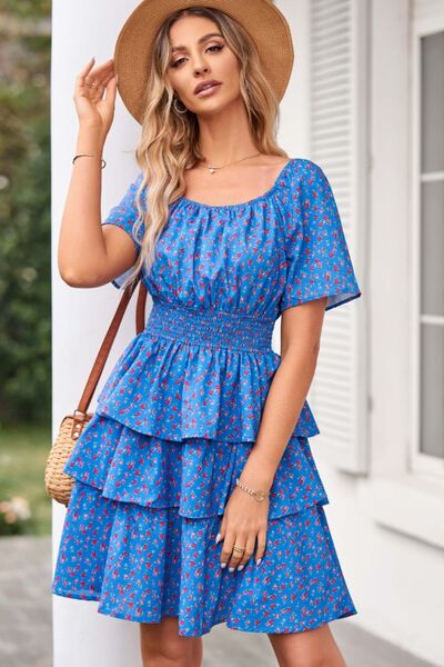 Floral Smocked Short Sleeve Layered Dress |1mrk.com