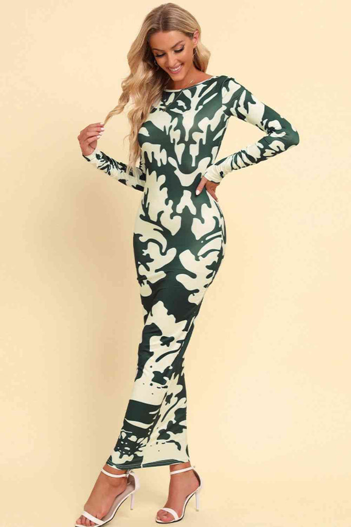 Printed Backless Long Sleeve Maxi Dress |1mrk.com