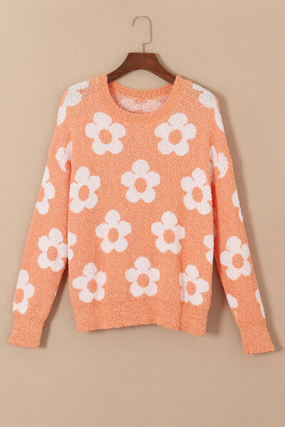 Flower Round Neck Dropped Shoulder Sweater |1mrk.com