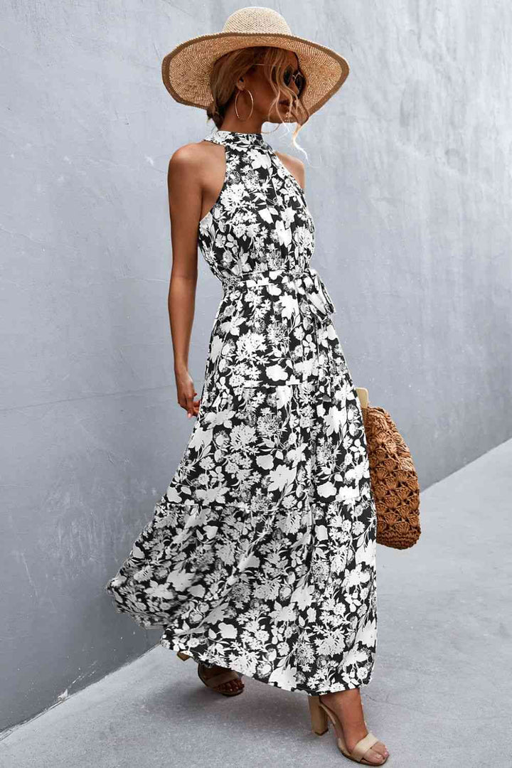 Printed Sleeveless Tie Waist Maxi Dress |1mrk.com