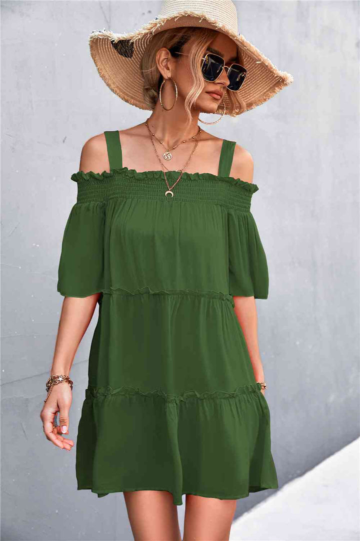 Cold-Shoulder Frill Trim Tiered Dress |1mrk.com