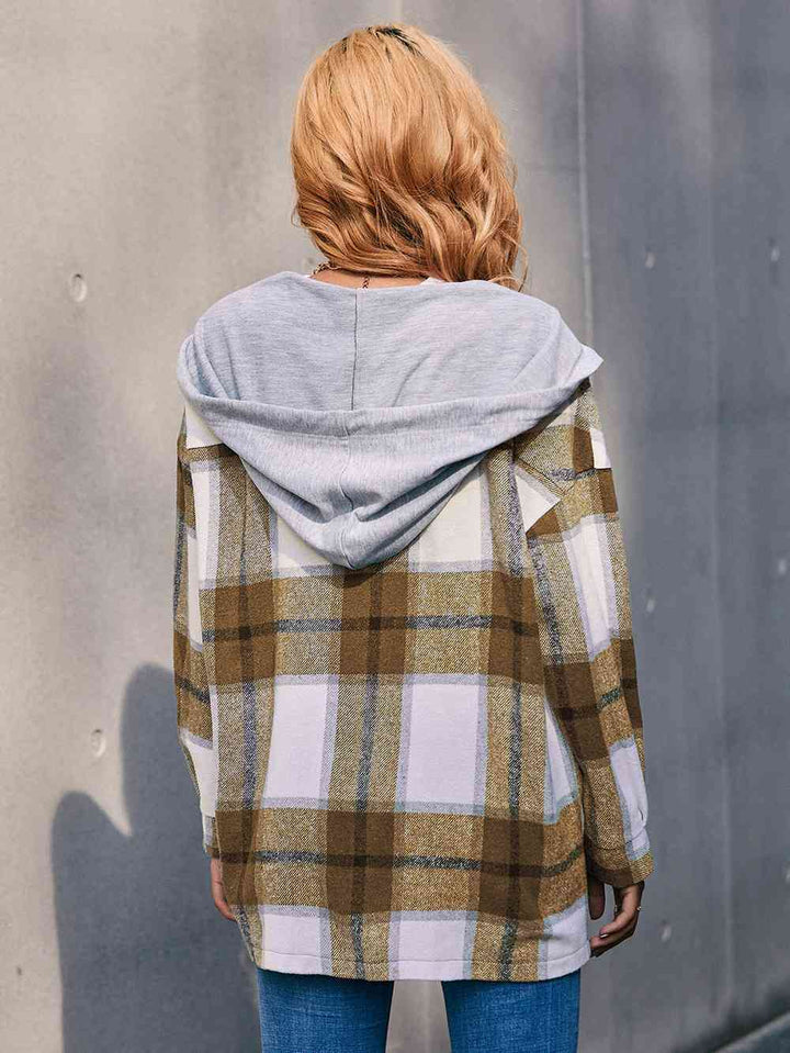 Plaid Dropped Shoulder Hooded Jacket | 1mrk.com