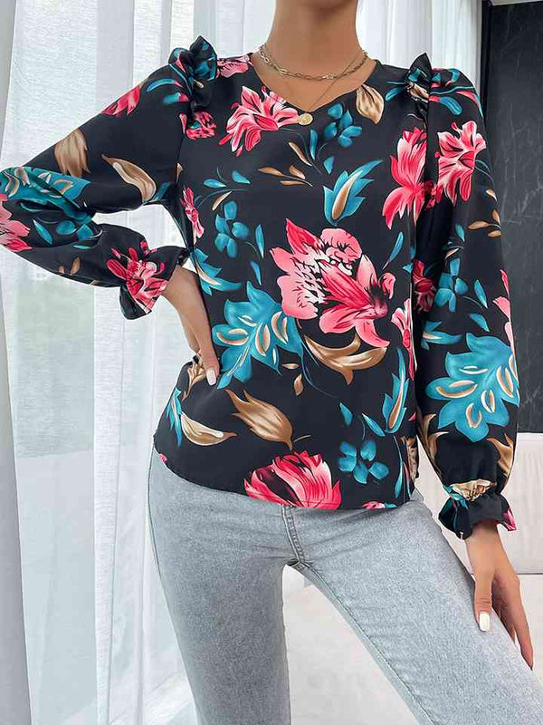 Floral Ruffle Shoulder Flounce Sleeve Blouse | 1mrk.com