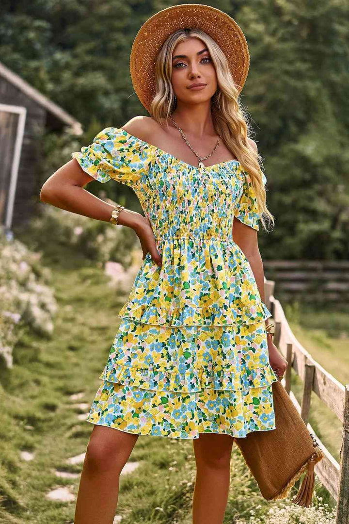 Smocked Sweetheart Neck Flounce Sleeve Mini Dress |1mrk.com