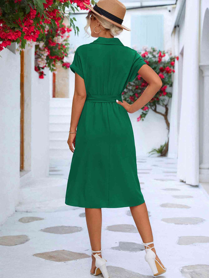 Cuffed Short Sleeve Belted Shirt Dress | 1mrk.com