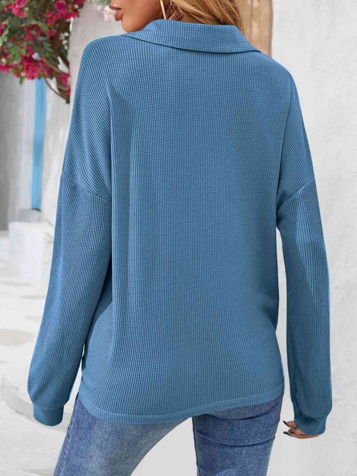 Half Button Collared Neck Long Sleeve Top | 1mrk.com