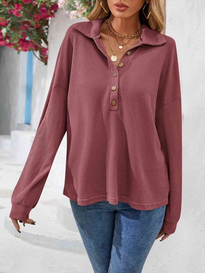 Half Button Collared Neck Long Sleeve Top | 1mrk.com