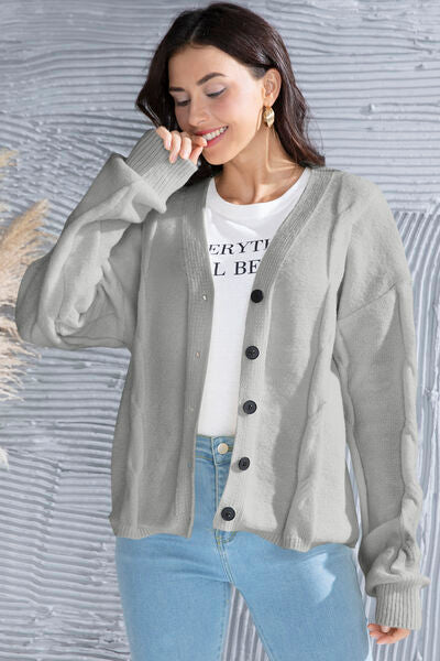 Button Up V-Neck Drop Shoulder Long Sleeve Cardigan |1mrk.com