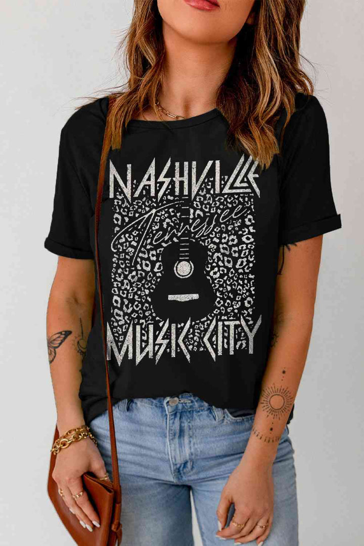 Graphic Cuffed Sleeve Round Neck Tee | 1mrk.com