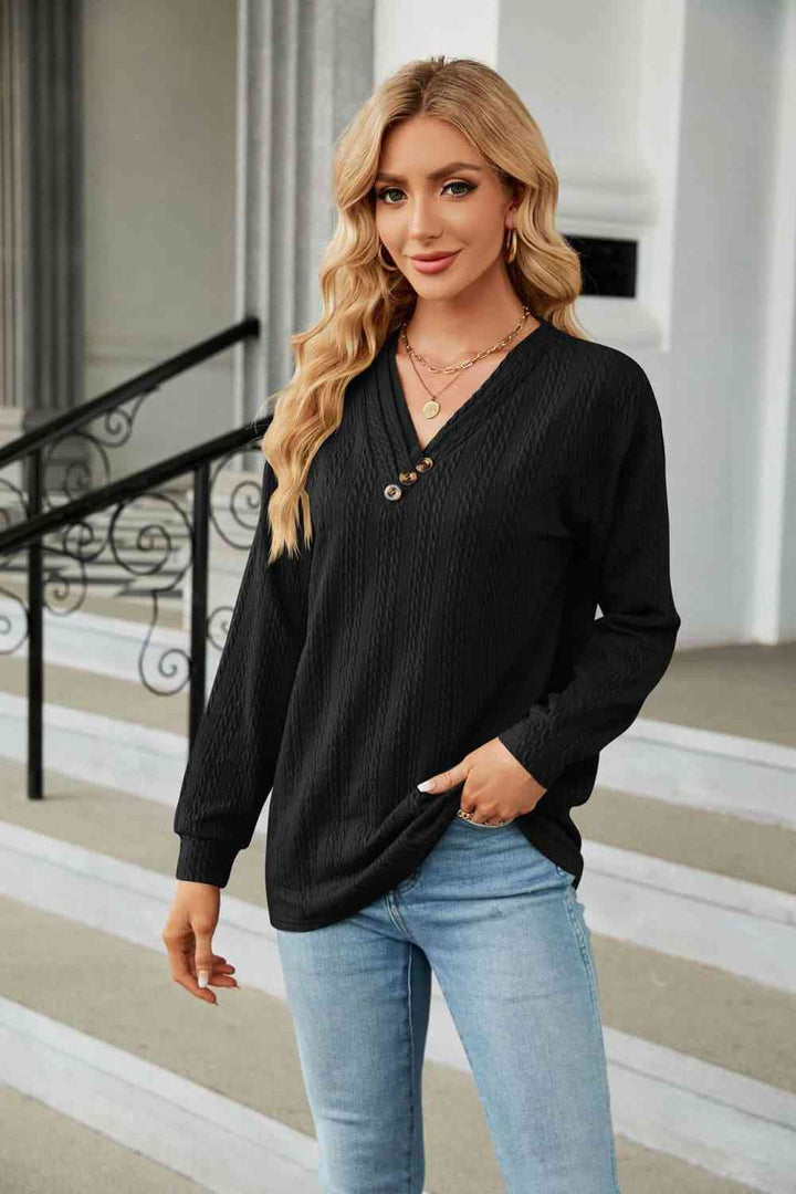 Decorative Button V-Neck Long Sleeve T-Shirt | 1mrk.com