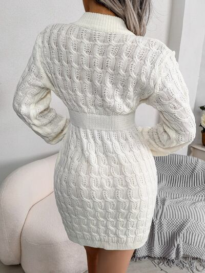 Cable-Knit Round Neck Mini Wrap Sweater Dress |1mrk.com