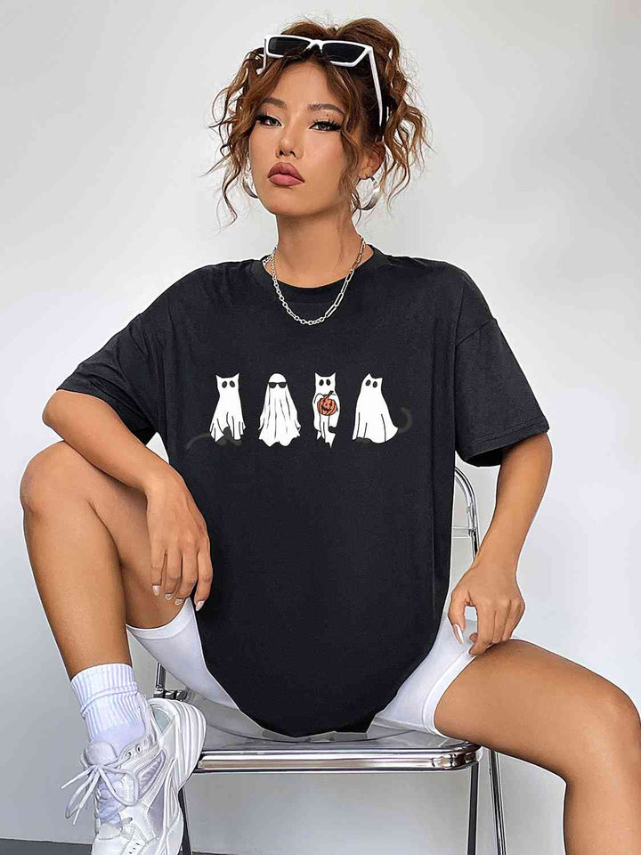 Round Neck Short Sleeve Ghost Graphic T-Shirt | 1mrk.com