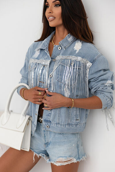 Sequin Fringe Trim Distressed Button Up Denim Jacket | 1mrk.com