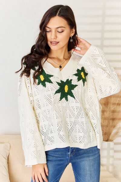 POL Floral Embroidered Pattern V-Neck Sweater |1mrk.com