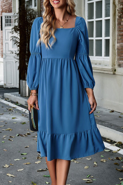 Square Neck Balloon Sleeve Midi Dress |1mrk.com