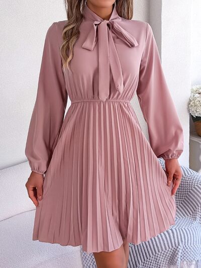 Tie Neck Balloon Sleeve Pleated Dress |1mrk.com