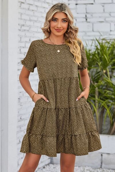 Polka Dot Round Neck Tiered Dress |1mrk.com