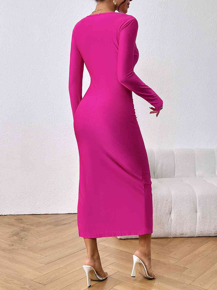 Long Sleeve Ruched Split Dress |1mrk.com