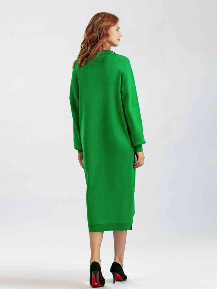 Johnny Collar Long Sleeve Slit Sweater Dress |1mrk.com