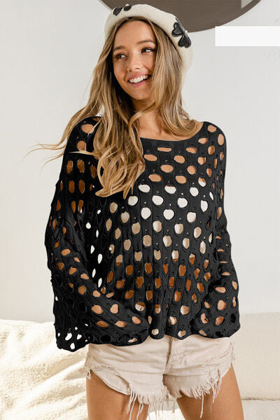 BiBi Hollowed Out Long Sleeve Knit Top | Trendsi