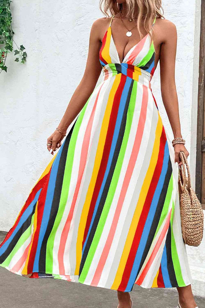 Multicolored Stripe Crisscross Backless Dress |1mrk.com