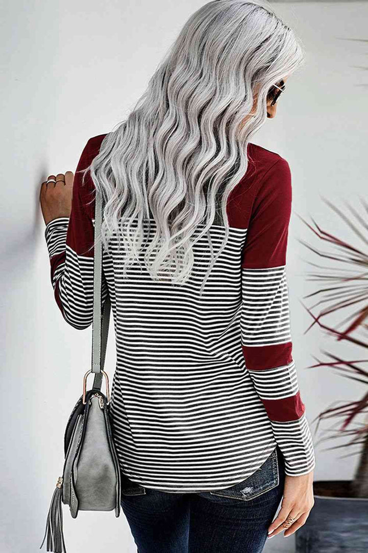 Striped Round Neck Long Sleeve T-Shirt | 1mrk.com