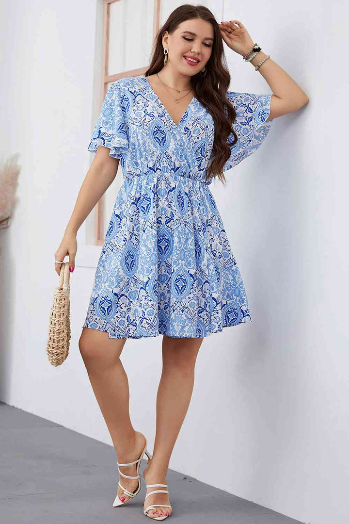 Plus Size Surplice Neck Flutter Sleeve Dress |1mrk.com