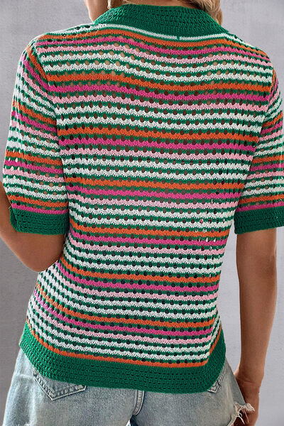 Openwork Striped Short Sleeve Knit Top |1mrk.com