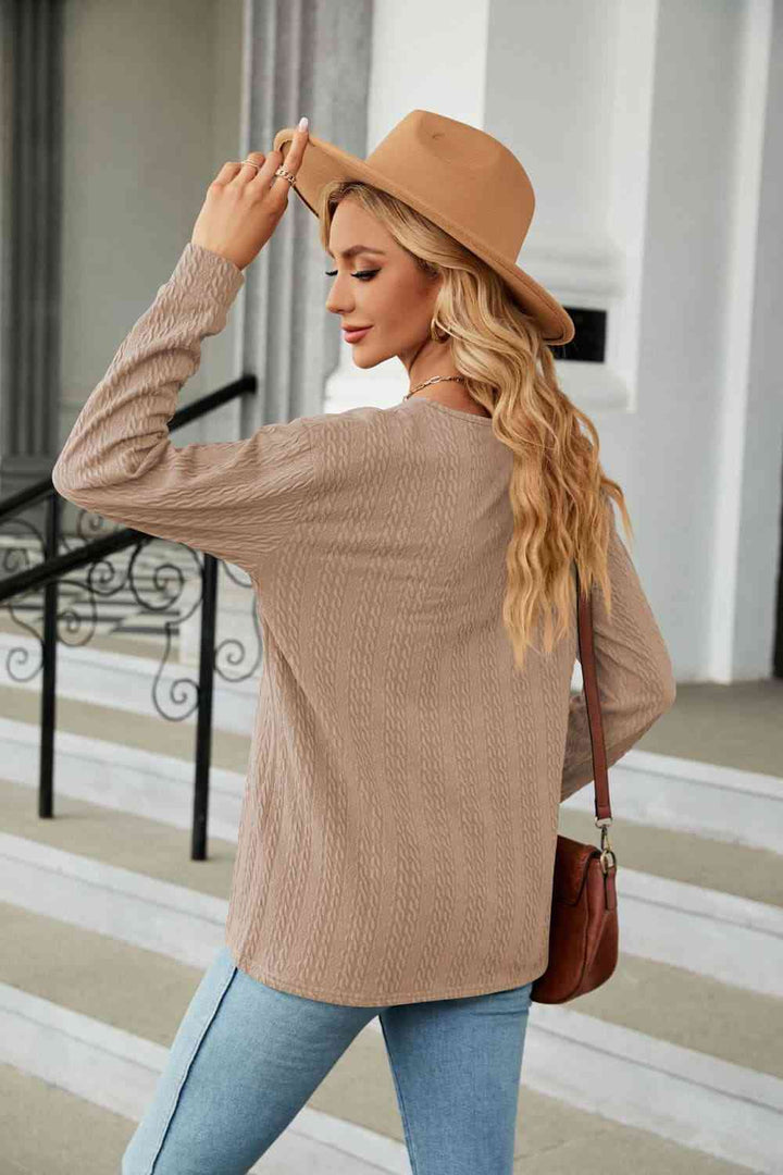 Decorative Button V-Neck Long Sleeve T-Shirt | 1mrk.com