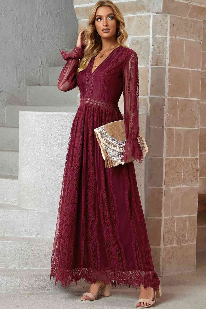 Scalloped Hem Flounce Sleeve Lace V-Neck Maxi Dress |1mrk.com